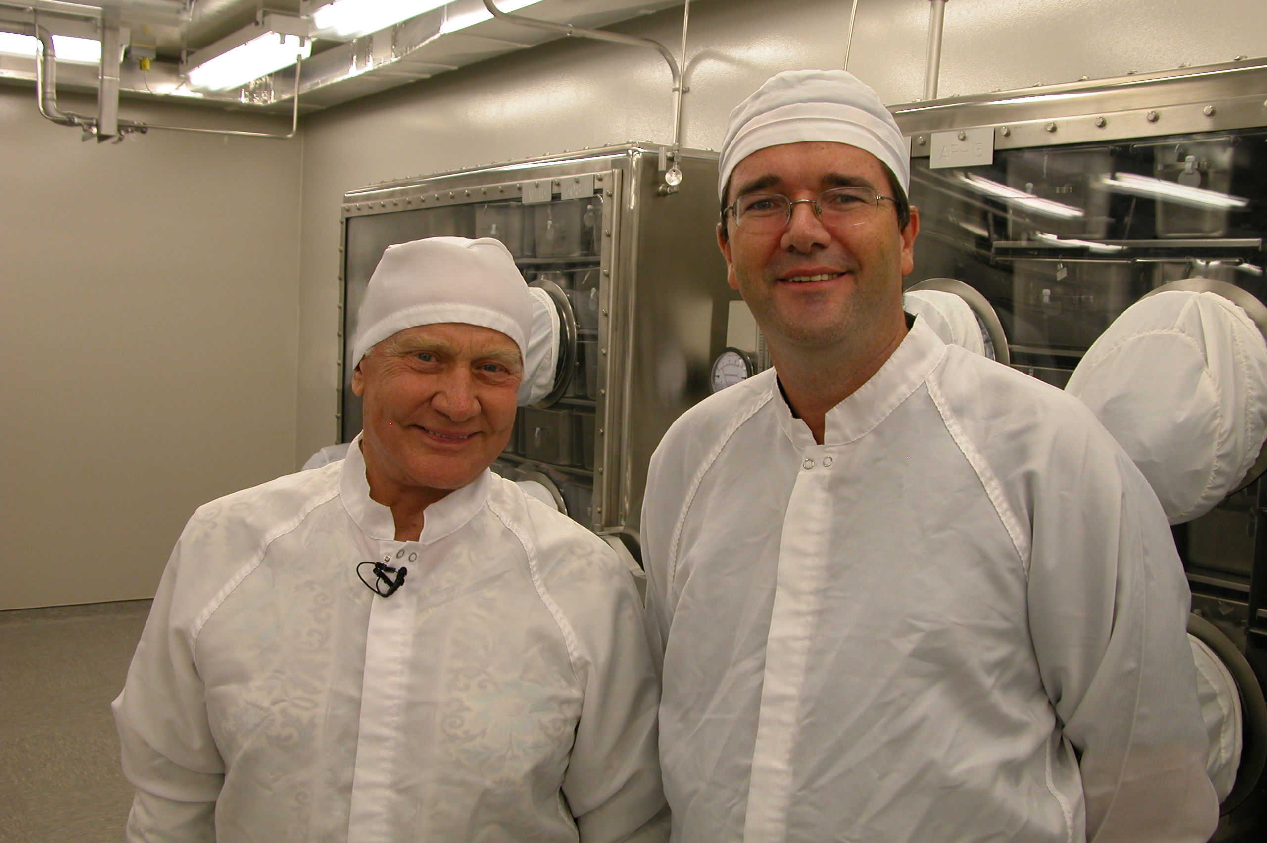 Buzz Aldrin and Mark Baird in the Lunar Samples Lab at the Johnson Space Center