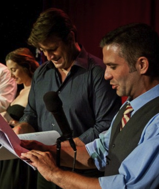 From The Thrilling Adventure Hour. Left to right: Linda Cardellini, Nathan Fillion, and Mark Gagliardi