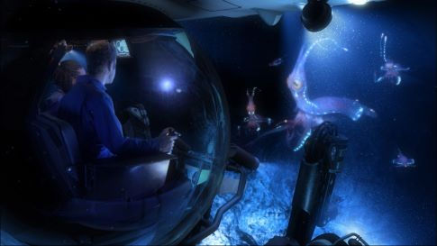 Conceptual footage: An imaginary futuristic mission to an as yet undiscovered world encounters alien life. In crew sphere; Dijanna Figueroa (Marine Animal Physiologist - University of California at Santa Barbara, left), Kevin Peter Hand (Planetary Scientist, Sanford University/SETI Institute, right)