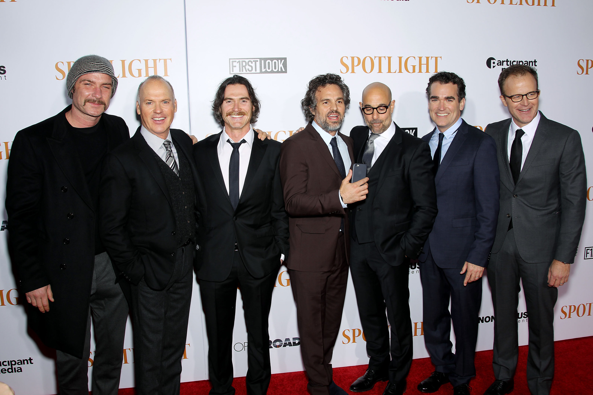 Michael Keaton, Liev Schreiber, Billy Crudup, Stanley Tucci, Brian d'Arcy James, Tom McCarthy, Mark Ruffalo and Brian D'Arcy at event of Spotlight (2015)