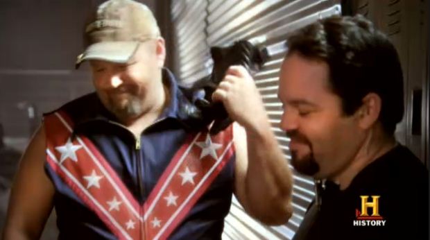 Mike Funk and Larry the Cable Guy working together for the History Channel.