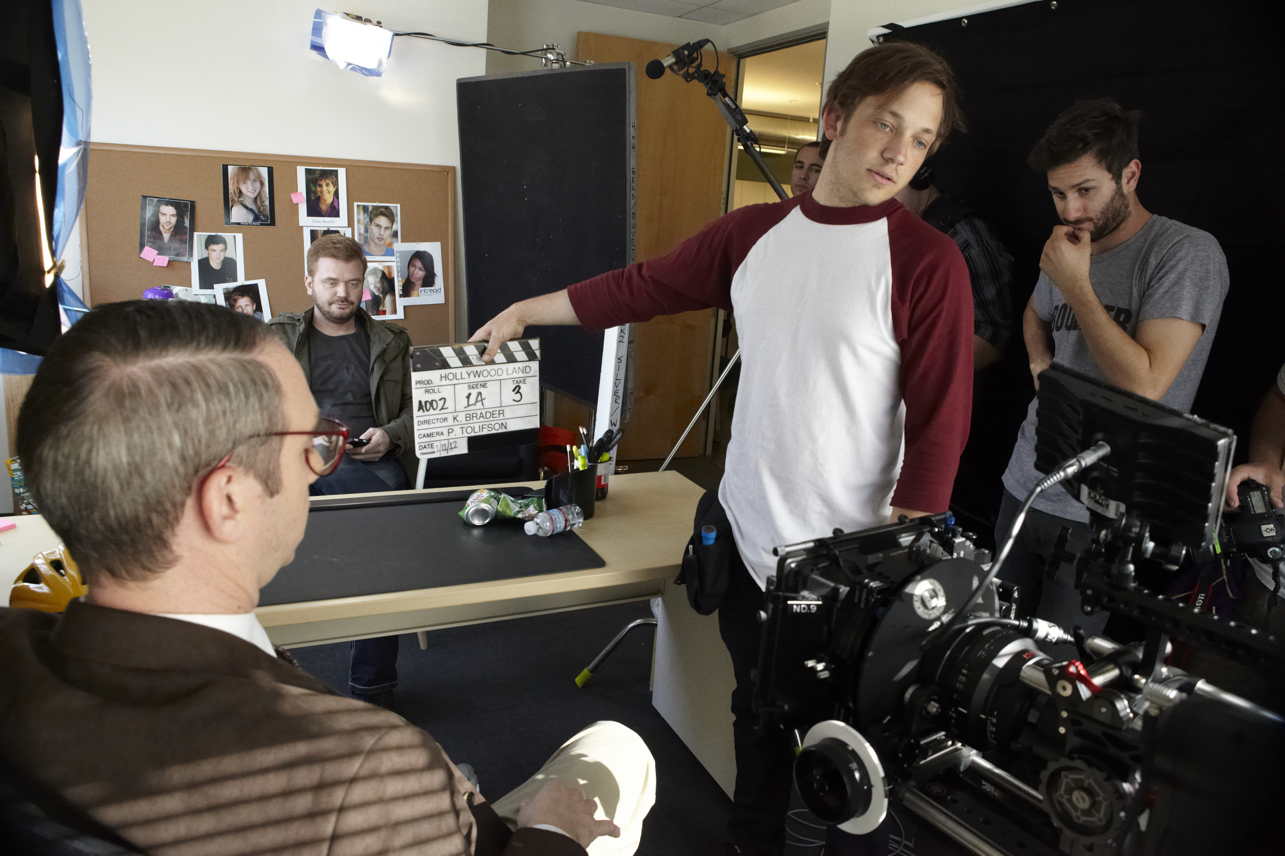 Matt Hughes, Doug Simpson and director Kevin Brader on the set of Humor Me.