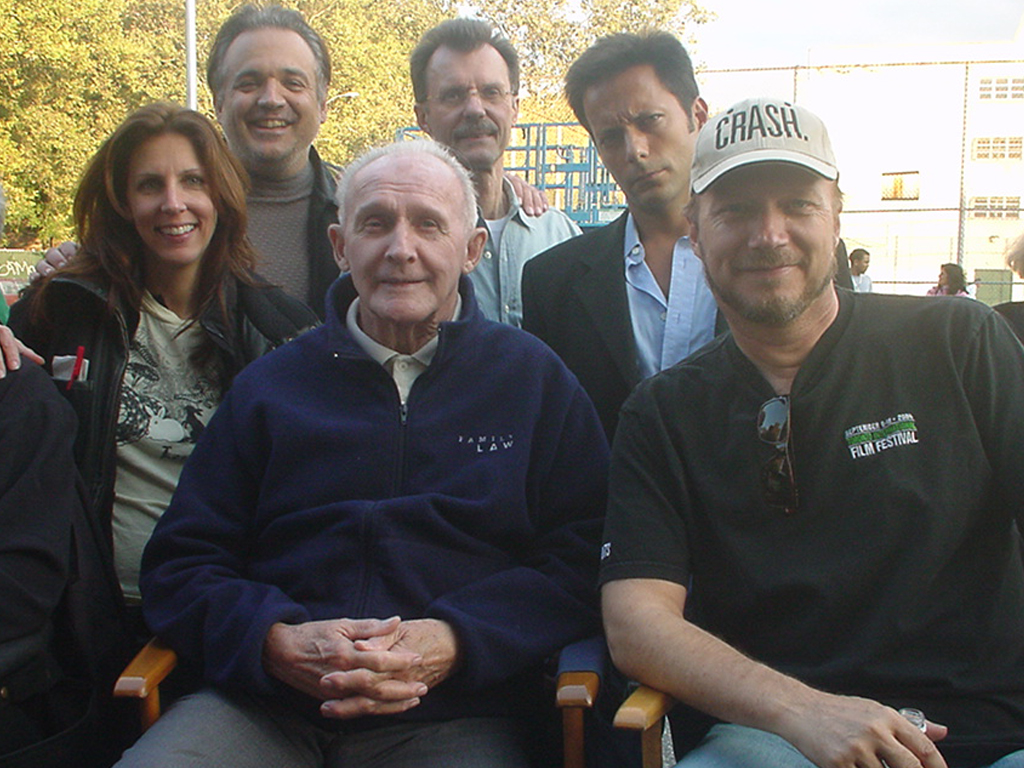 (L-R) Dana Maksimovich, Glenn Taranto, Ted Haggis, Larry Becsey. Allan Steele, Paul Haggis on the set of THE BLACK DONNELLYS