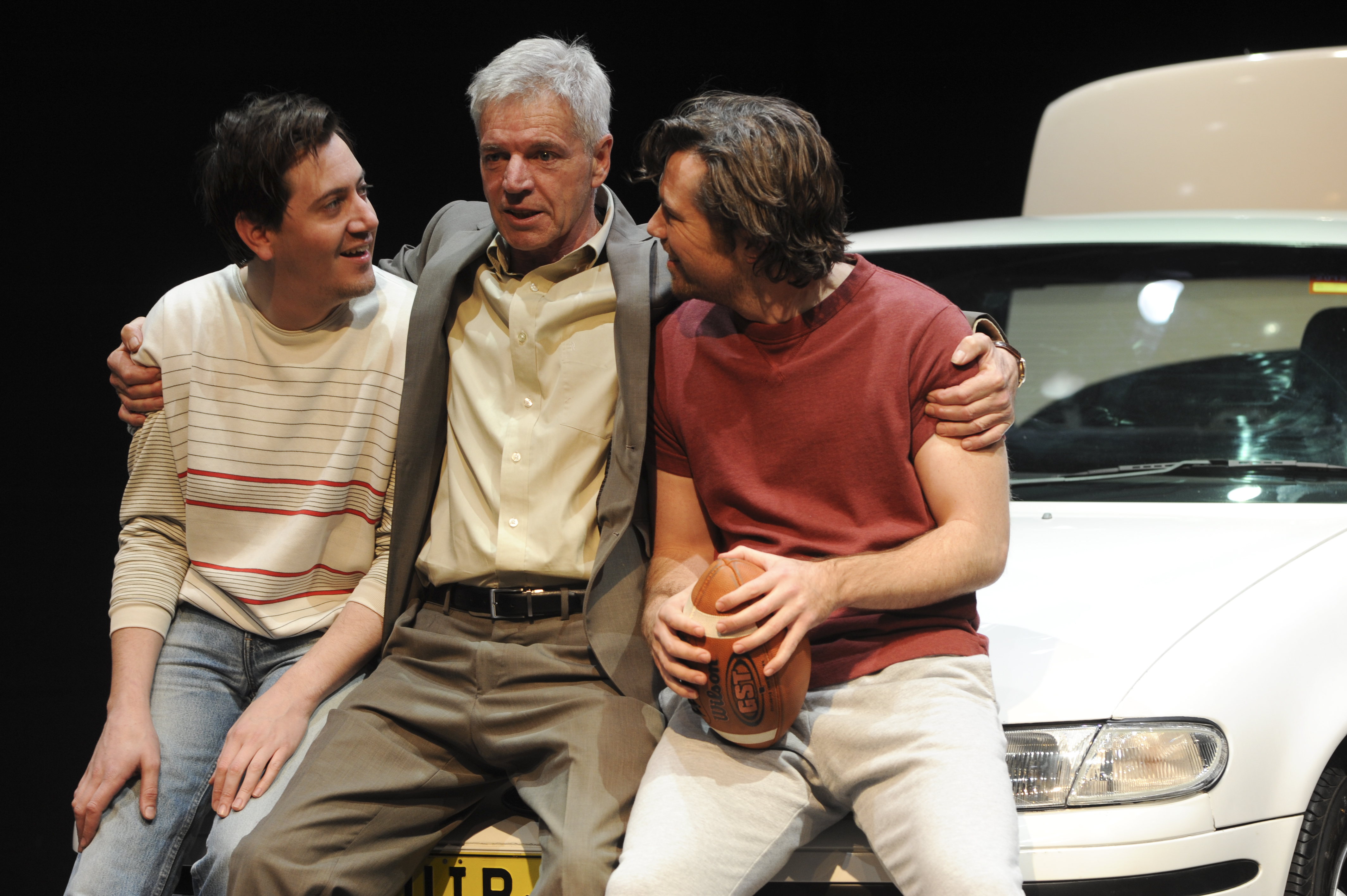 Hamish Michael, Colin Friels and Patrick Brammall as Happy, Willy and Biff in Belvoir's 2012 production of Death of a Salesman.