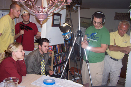 Director/Producer Dean Ronalds checks the video assist with Producer/Actor Brian Ronalds, Executive Producer Kevin Berman, Actress Katina Baloun, 1st AD Frank Pyles and Boom Operator Maxwell Knottshore