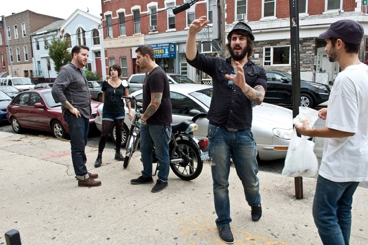 Michael Jasionowski, outside of Greenpoint Tattoo, directing the music video for Brooklyn Dodgers by I Am the Avalanche.