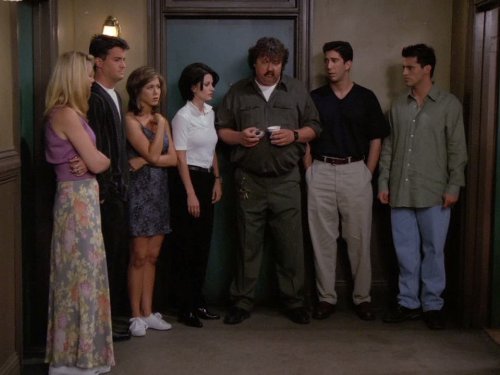 Still of Jennifer Aniston, Courteney Cox, Lisa Kudrow, Matt LeBlanc, Matthew Perry, David Schwimmer and Mike Hagerty in Draugai (1994)
