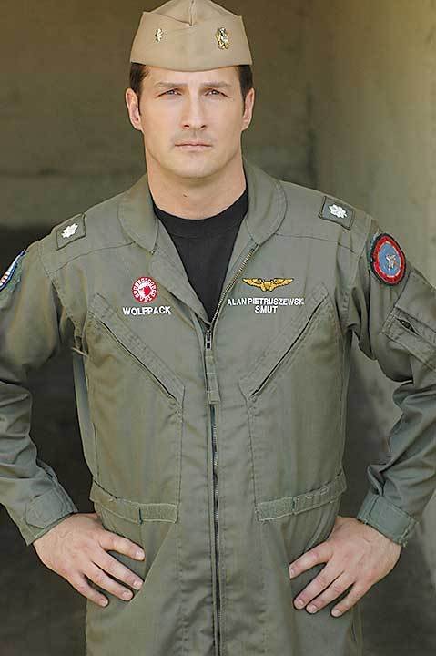 Alan Pietruszewski in his active duty navy fighter pilot flight suit. Flew F-14 Tomcat fighter jets off aircraft carriers as a Radar Intercept Officer (RIO) for the US Navy.