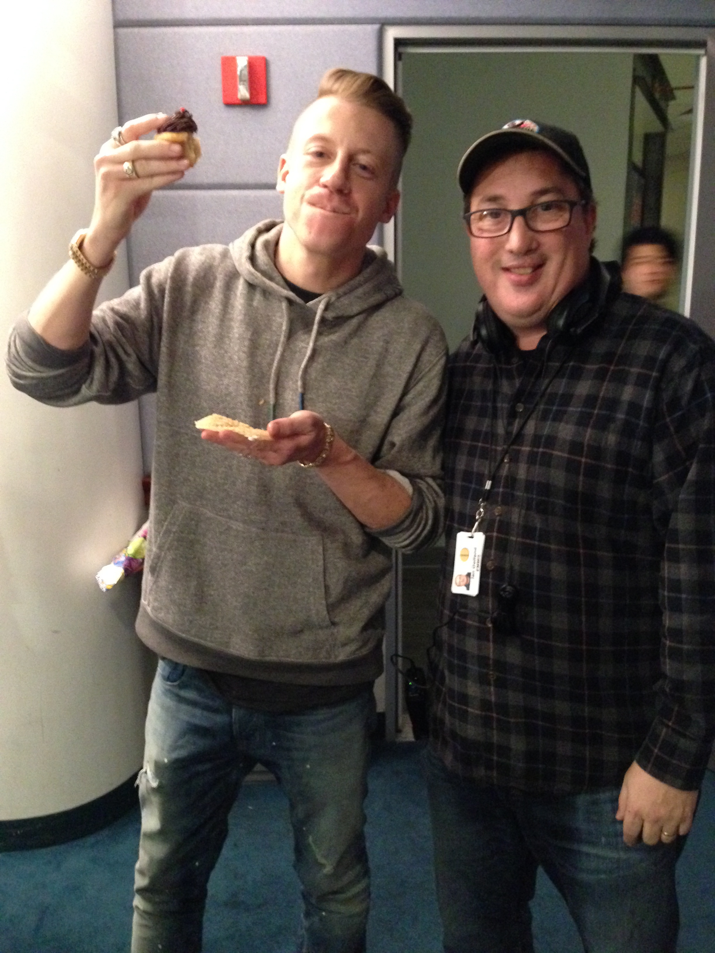 Ian Gelfand and Macklemore on the set of This Is Hot 97