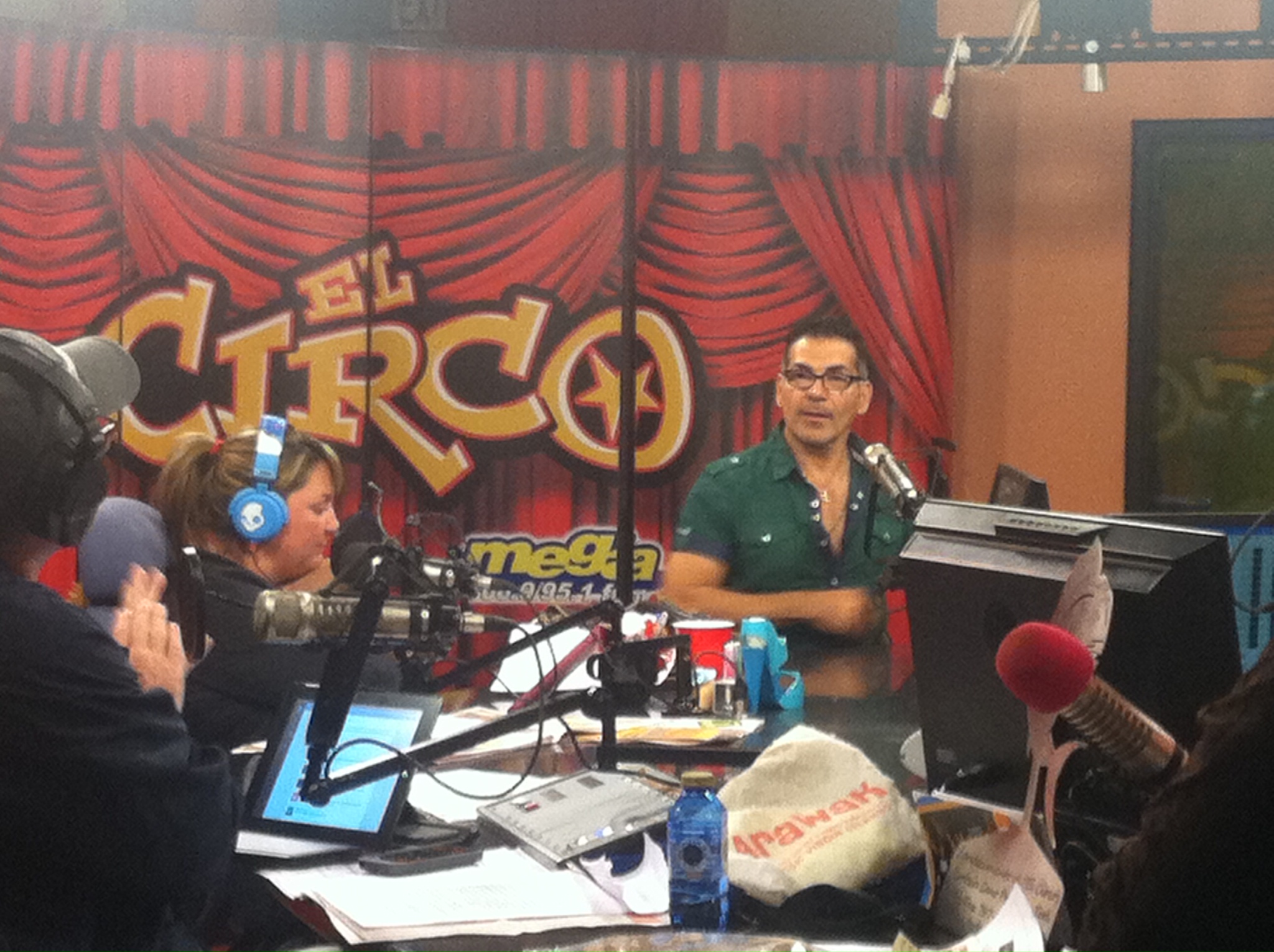 Being interviewed on the morning radio show 