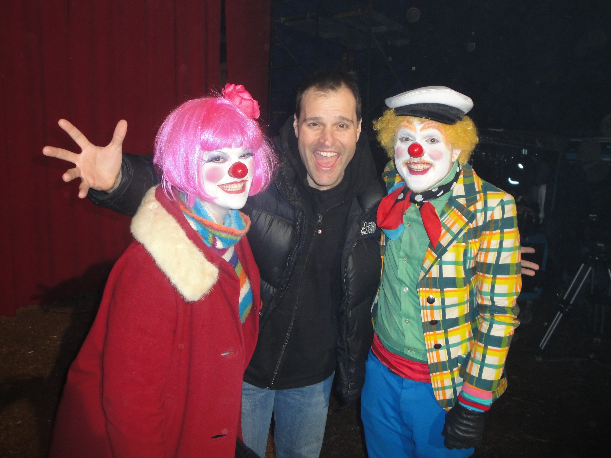 S. Siobhan McCarthy as Blyss with Director Peter DeLuise and Oatmeal the Clown Michael Undem on the set of 