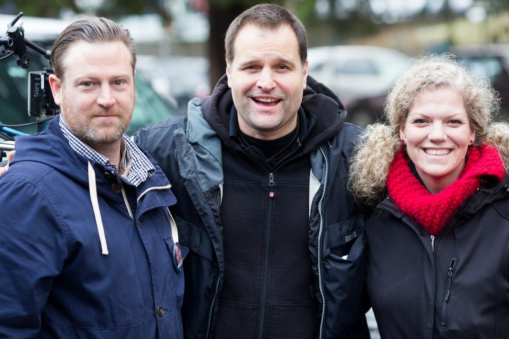 Adam O. Thomas, Peter DeLuise and S. Siobhan McCarthy celebrate the last shot of PARKED