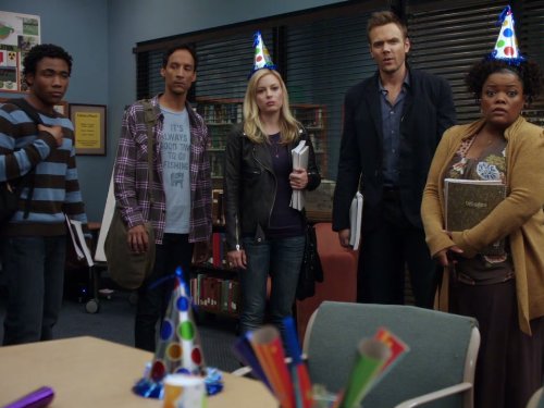 Still of Joel McHale, Yvette Nicole Brown, Gillian Jacobs, Danny Pudi and Donald Glover in Community (2009)