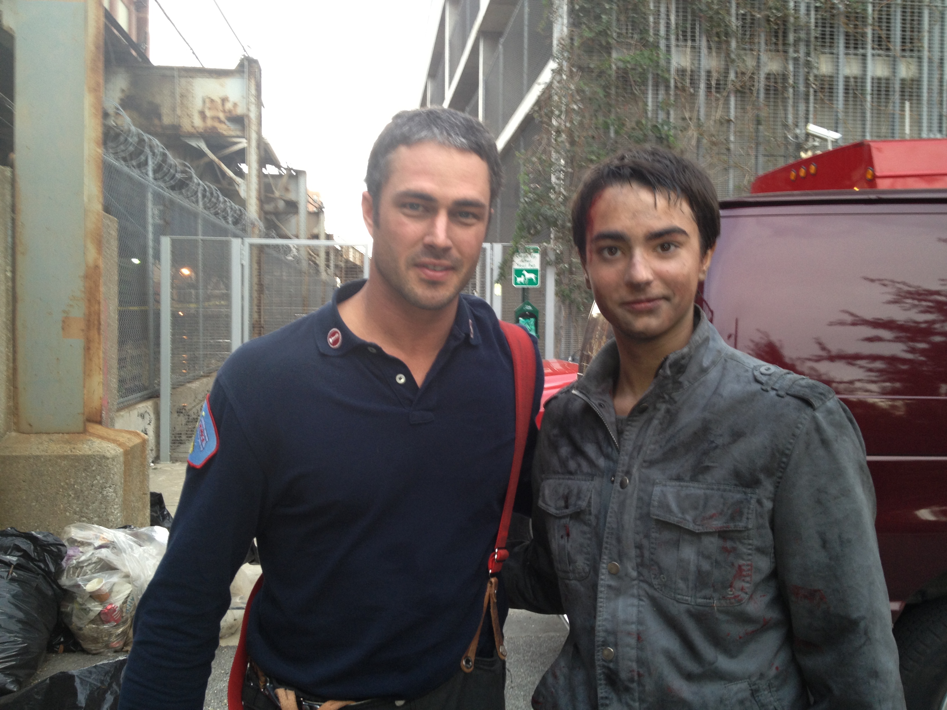 Robert Gerdisch on set with Taylor Kinney, Chicago Fire