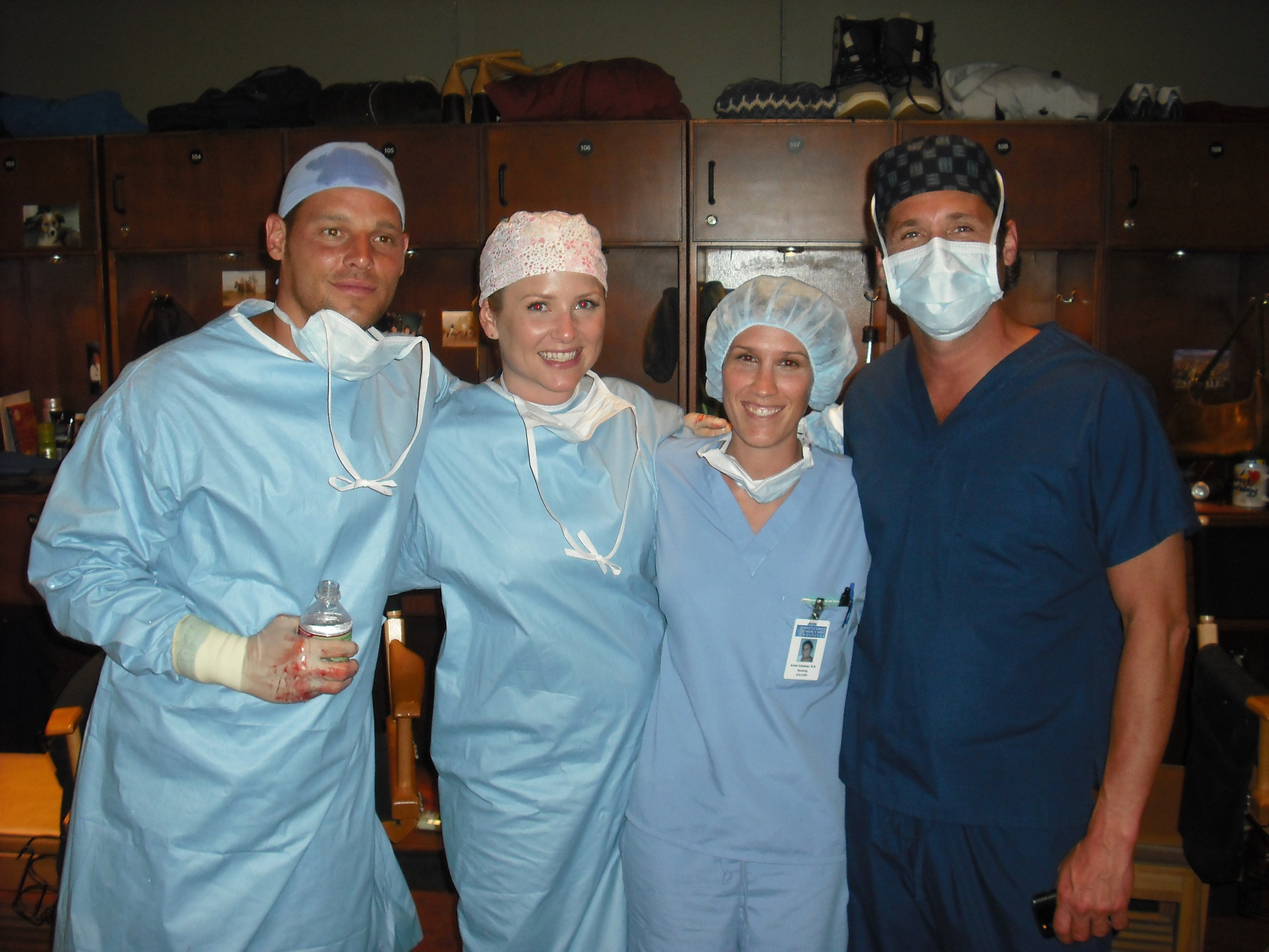 On set of Grey's Anatomy with Justin Chambers, Jessica Capshaw and Patrick Dempsey