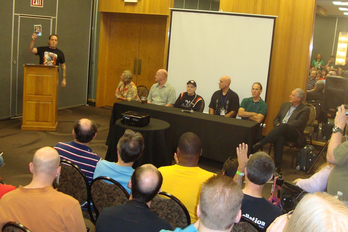 Actor/Patrick Barnitt on Star Trek Panel at Con-X, Kansas City, Sept 15th, 2012 with moderator/Dave Dryer, and actors Denise Crosby, Glenn Morshower, Walter Koenig, Bill Blair and Bob Gunton.