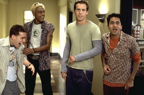 Van Wilder (center right, RYAN REYNOLDS) with his cronies: Panos Patakos (left, JASON WINER), Hutch (center left, TECK HOLMES) and Taj Mahal Badalandabad (right, KAL PENN)