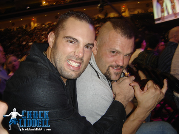 Mike Swick and Chuck Liddell playing around for photographers at the Mr. Olympia competition.