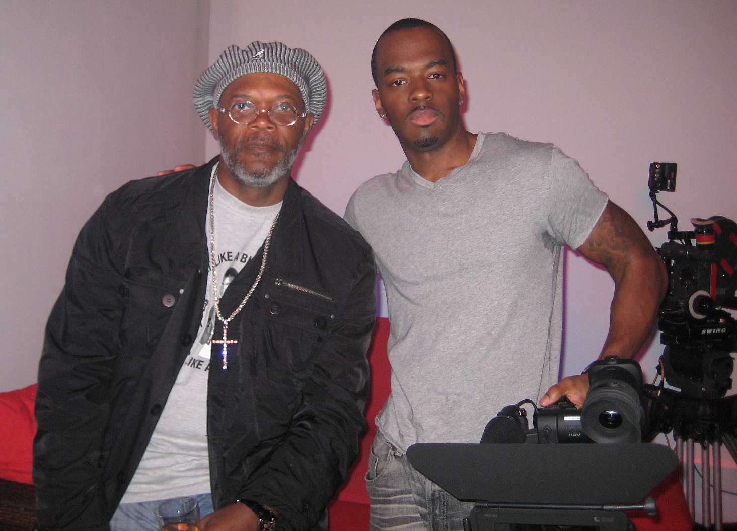 Director Marques T. Owens and Samuel L. Jackson while filming for Untitled Jamie Foxx Documentary
