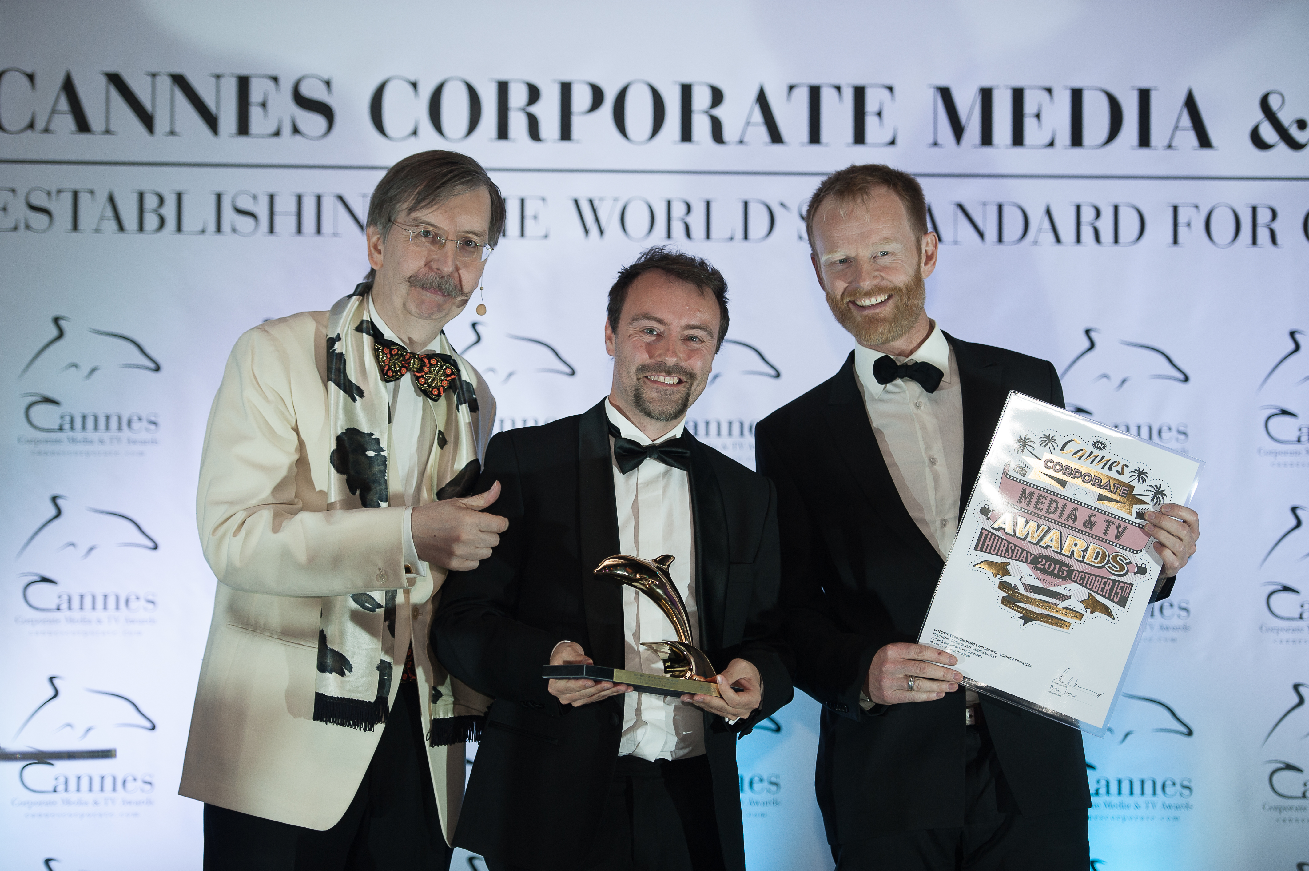 Martin Sundstrøm at the Cannes Corporate Media & TV Awards 2015 with producer Lars Torp and festival director Alexander Kammel. October 15th 2015.