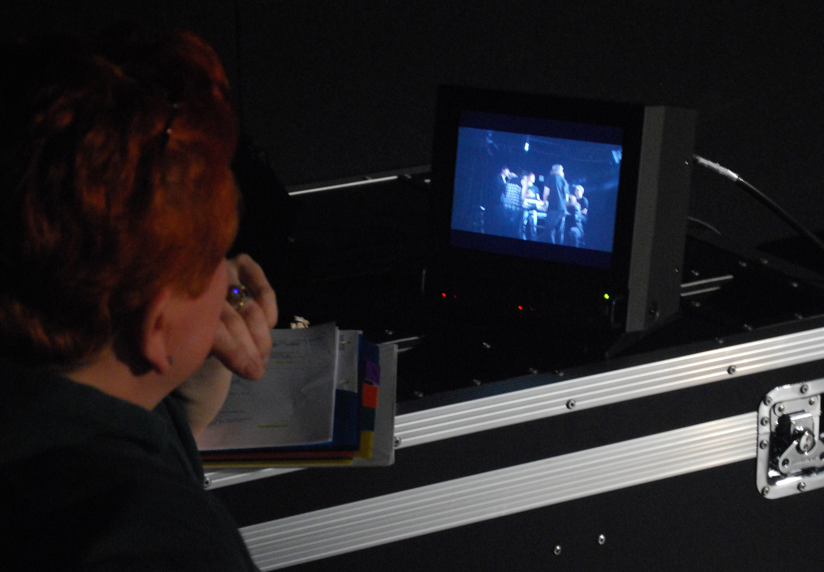 Molly working in the video studio at San Jacinto College Central with students on the short film The Master (Director).