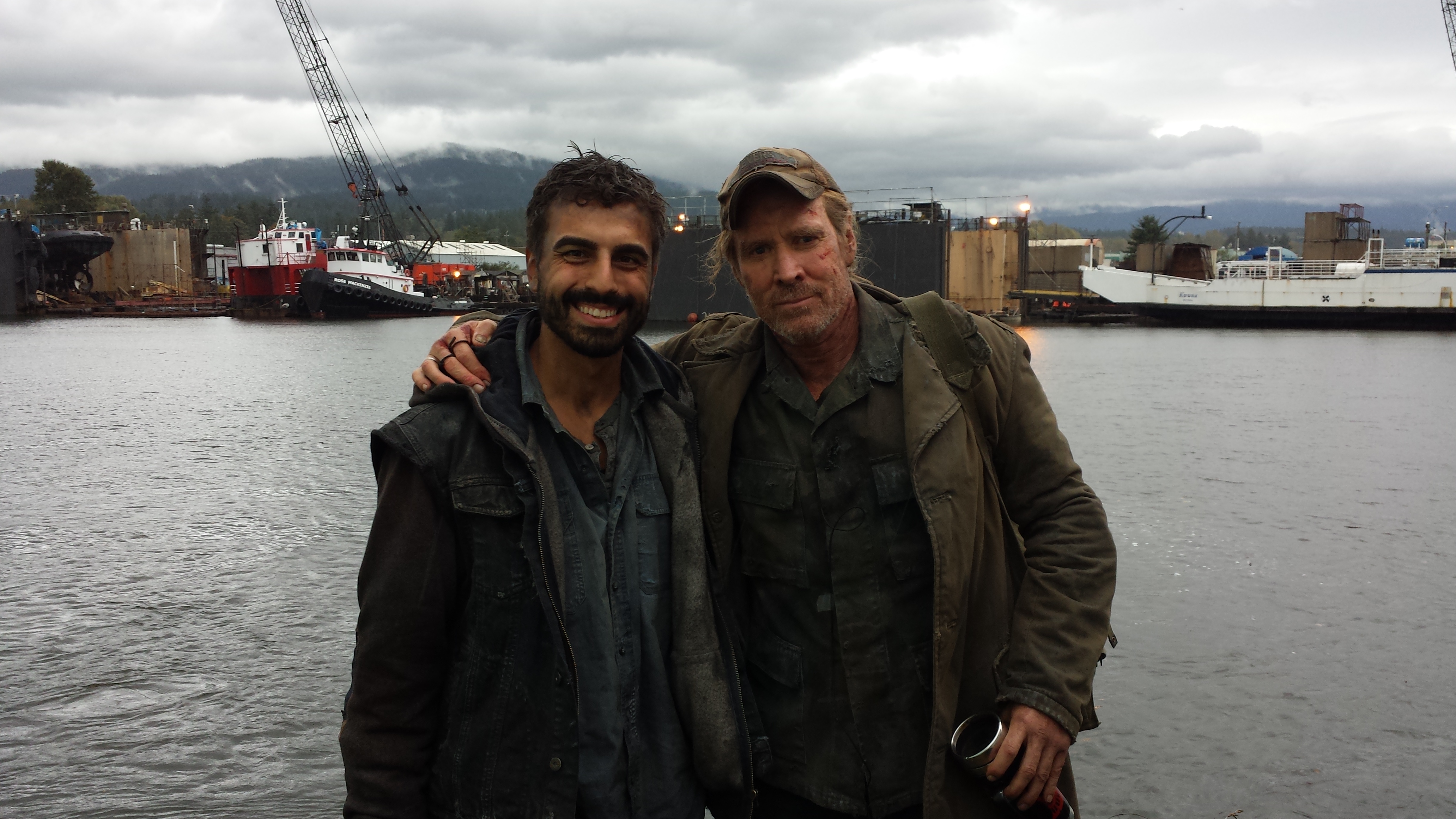 On a break during the shooting of Falling Skies with Michael Antonakos and Will Patton.