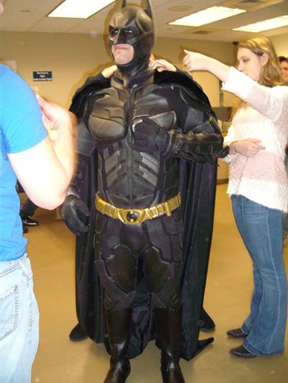Tom in the batsuit on the set of 
