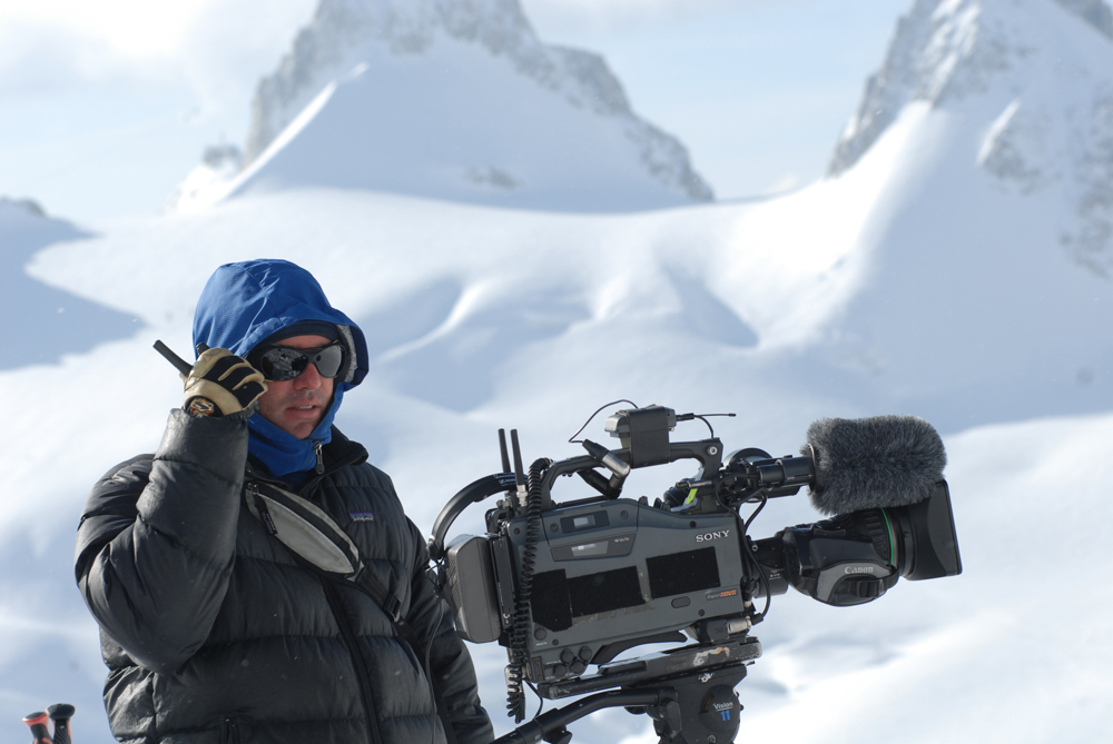 Jim Surette prepares to shoot the barbie angle for Chris Davenport and Stian Hagen's descent of the Eiger's west face in Switzerland