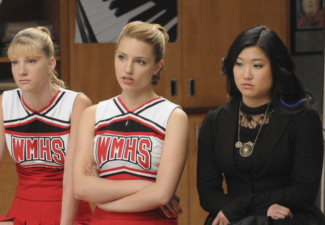 Still of Dianna Agron, Jenna Ushkowitz and Heather Morris in Glee (2009)