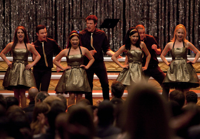 Still of Lea Michele, Naya Rivera, Mark Salling, Cory Monteith, Dianna Agron, Chris Colfer and Jenna Ushkowitz in Glee: Journey to Regionals (2010)