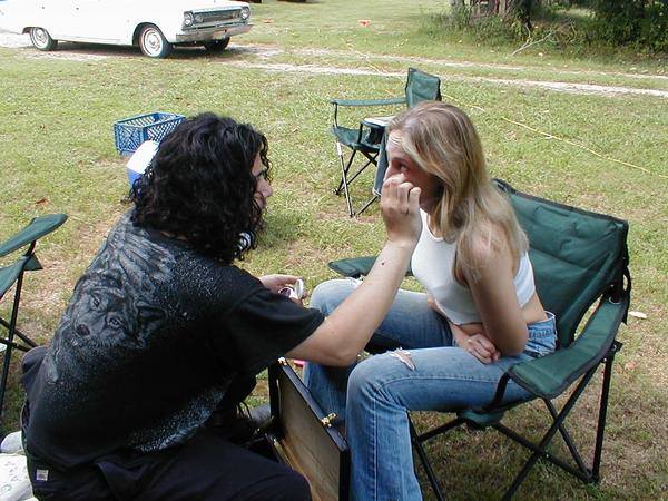 Getting makeup applied for Legend of Crazy George