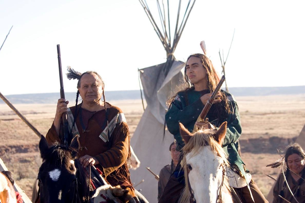 Russell Means with son Tatanka Means in the TNT mini-series, Into The West. Tatanka Means as Lakota Chief Crazy Horse