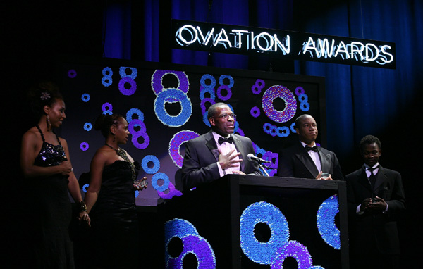 Winners of the 2010 LA Stage Alliance Ovation Awards for BEST ENSEMBLE for the 'Ballad of Emmett Till' at the Fountain Theatre L to R: Adenrele Ojo, Karen Malina White, Bernard Addison, Rico Anderson, Lorenz Arnell