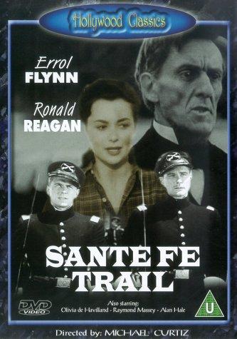 Olivia de Havilland, Errol Flynn, Ronald Reagan and Erville Alderson in Santa Fe Trail (1940)