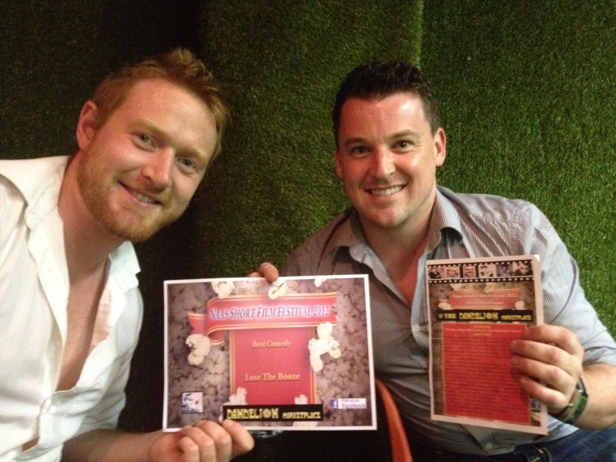 Mark Watson (Editor) and Declan Reynolds (Writer / Producer / Director / Actor) at Naas Short Film Festival 2012. LOSE THE BOOZE (2012) wins Best Comedy.