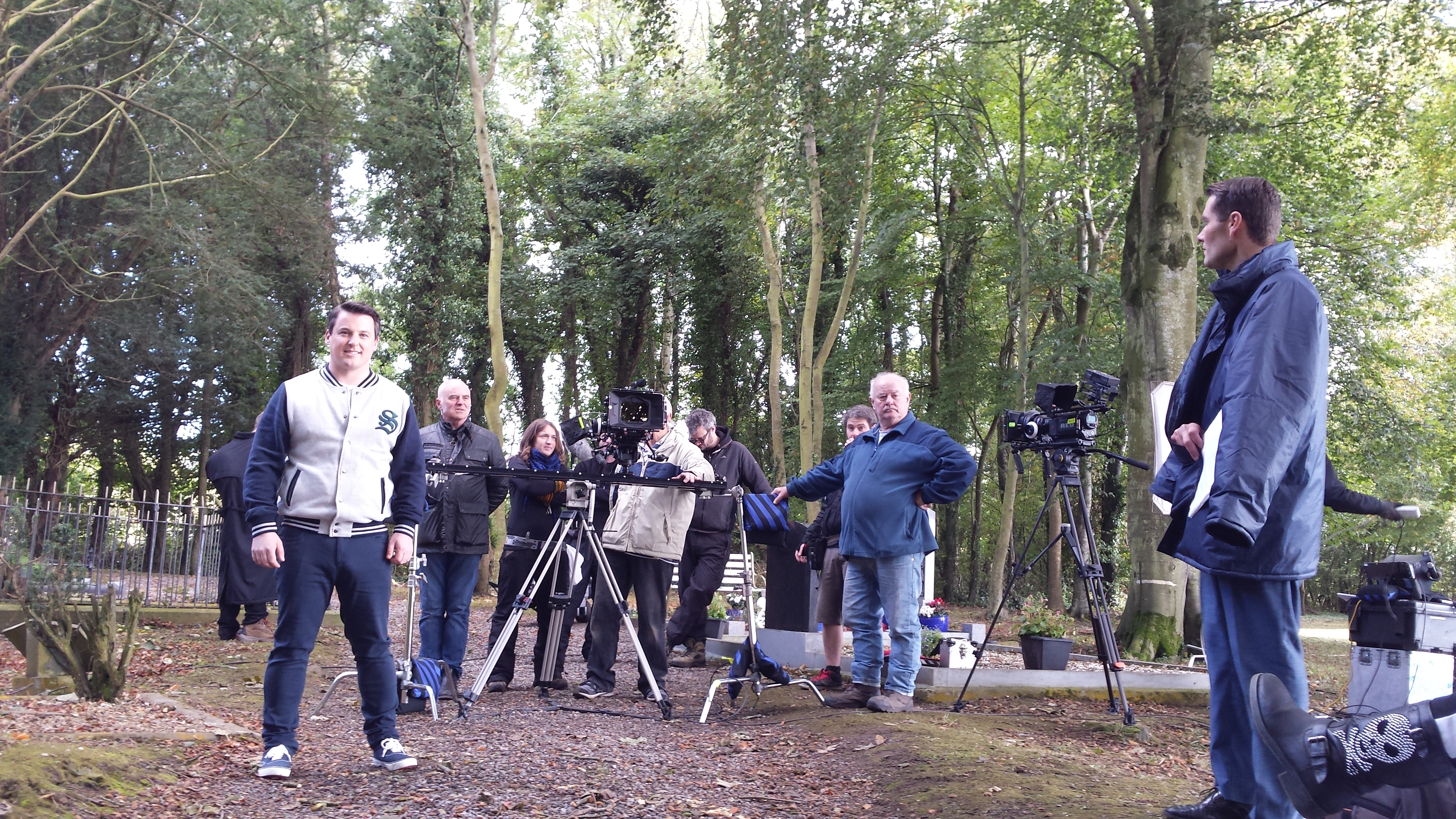 Declan Reynolds (L) and Adam Goodwin (R) with the crew on set of THE GAELIC COURSE in Newbridge, Co. Kildare.