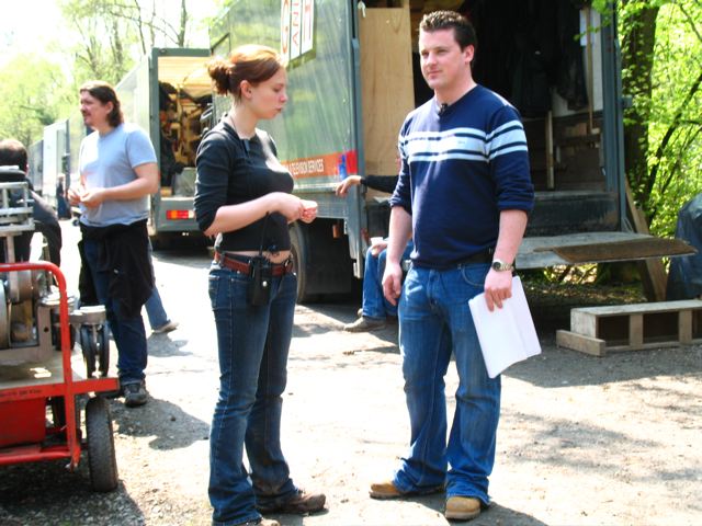 Dan Weldon (Writer), Dominique Lefebvre (AD) and Declan Reynolds (Actor) on set of Nicolas Roeg's PUFFBALL (2007) in Glaslough, Co Monaghan during April/May 2006.