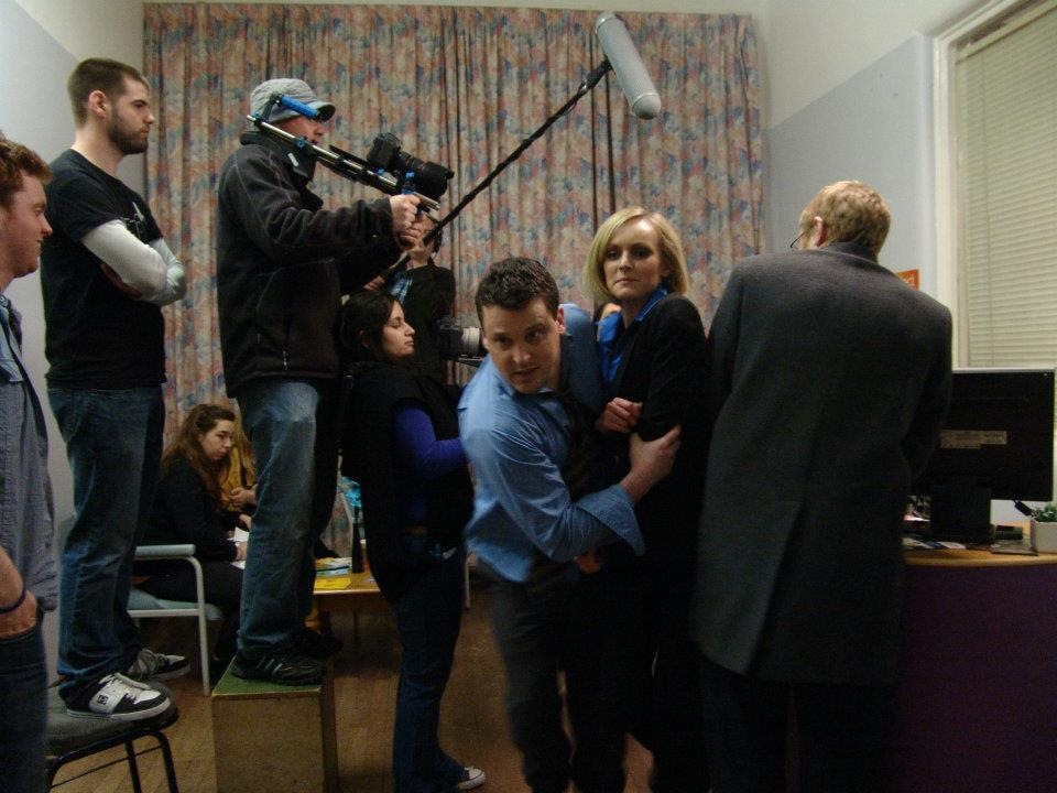 Declan Reynolds and Michelle Beamish recording a scene on TROUBLE TIMES THREE (2012)