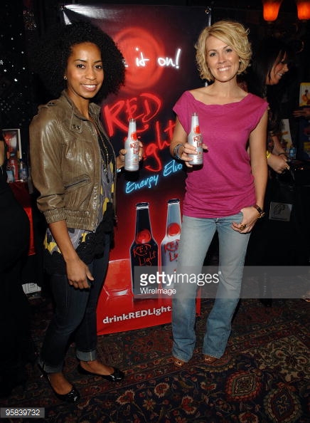 WEST HOLLYWOOD, CA - JANUARY 15: Actress Rachel Cannon (right) poses with Red Light energy drink at the Hollywood Helping Haiti Golden Globes Celebrity & Charity Lounge at House of Blues Sunset Strip on January 15, 2010 in West Hollywood, California.