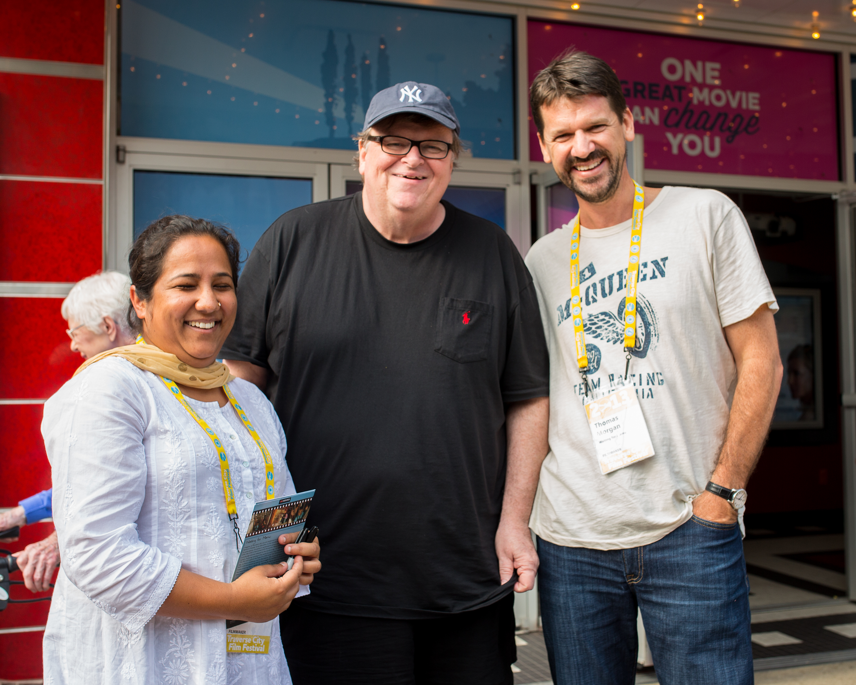 Michael Moore, Pushpa Basnet and Thomas Morgan at the Traverse City Film Festival