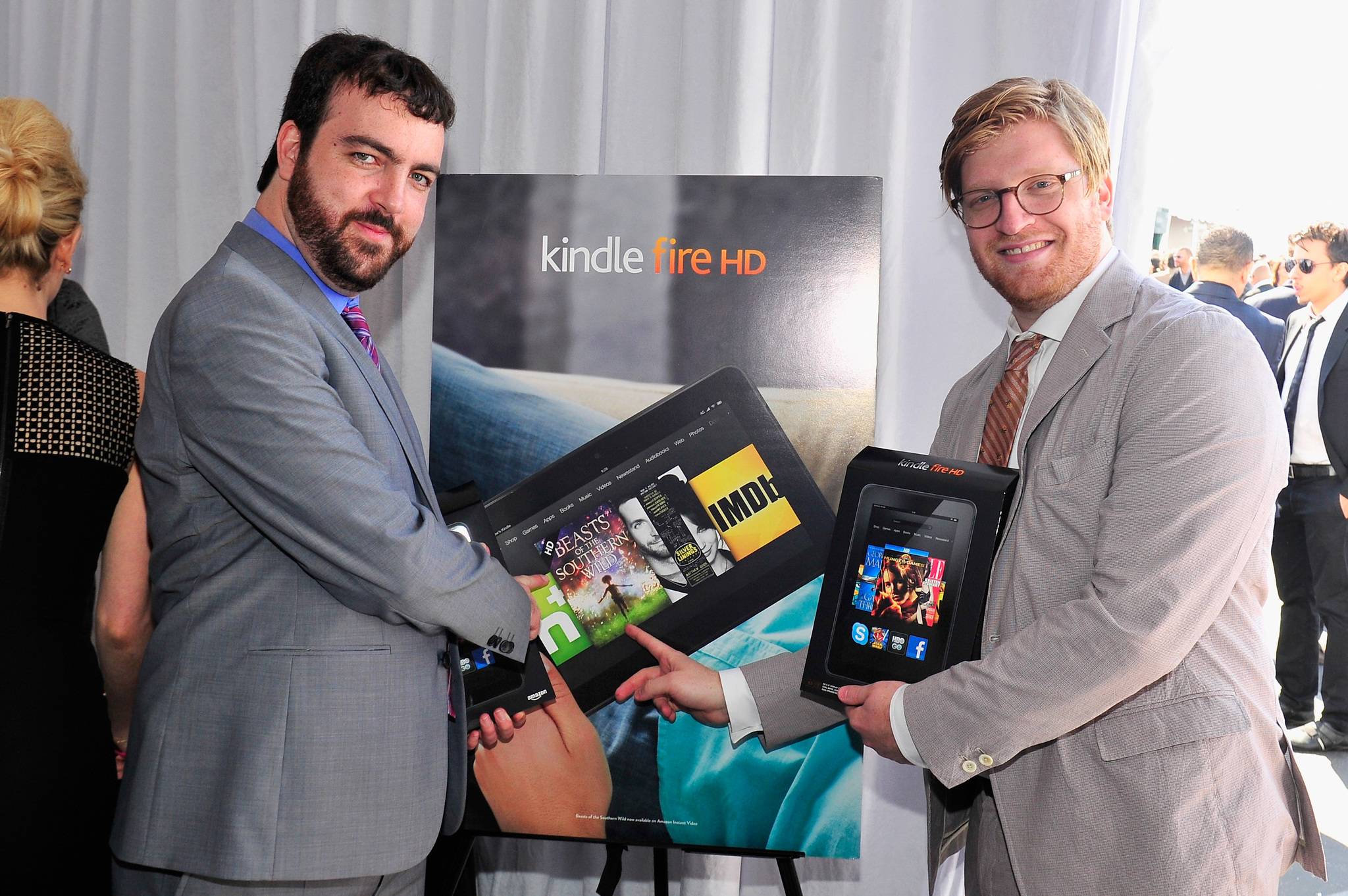 Josh Penn, left, and Dan Janvey pose in the Kindle Fire HD and IMDb Green Room during the 2013 Film Independent Spirit Awards at Santa Monica Beach on February 23, 2013 in Santa Monica, California.