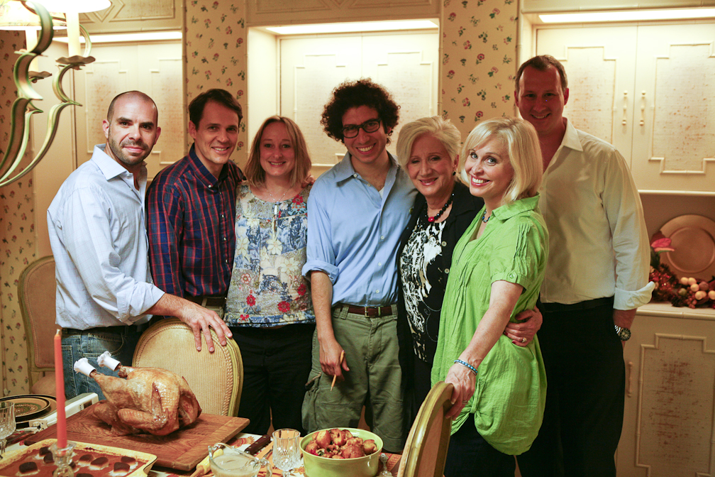 (left to right) David Matthew Douglas, Joey Collins, Lori Fischer, Sean Gannet, Olympia Dukakis, Nancy Opel, and Christopher Tine on the set of Dottie's Thanksgiving Pickle.