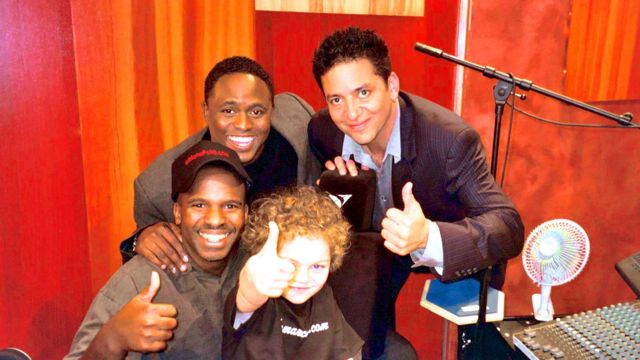 Cole on the Wayne Brady Show (from left) drummer Will Kennedy, Wayne Brady, MD Peter Michael Escovedo, and Cole Marcus