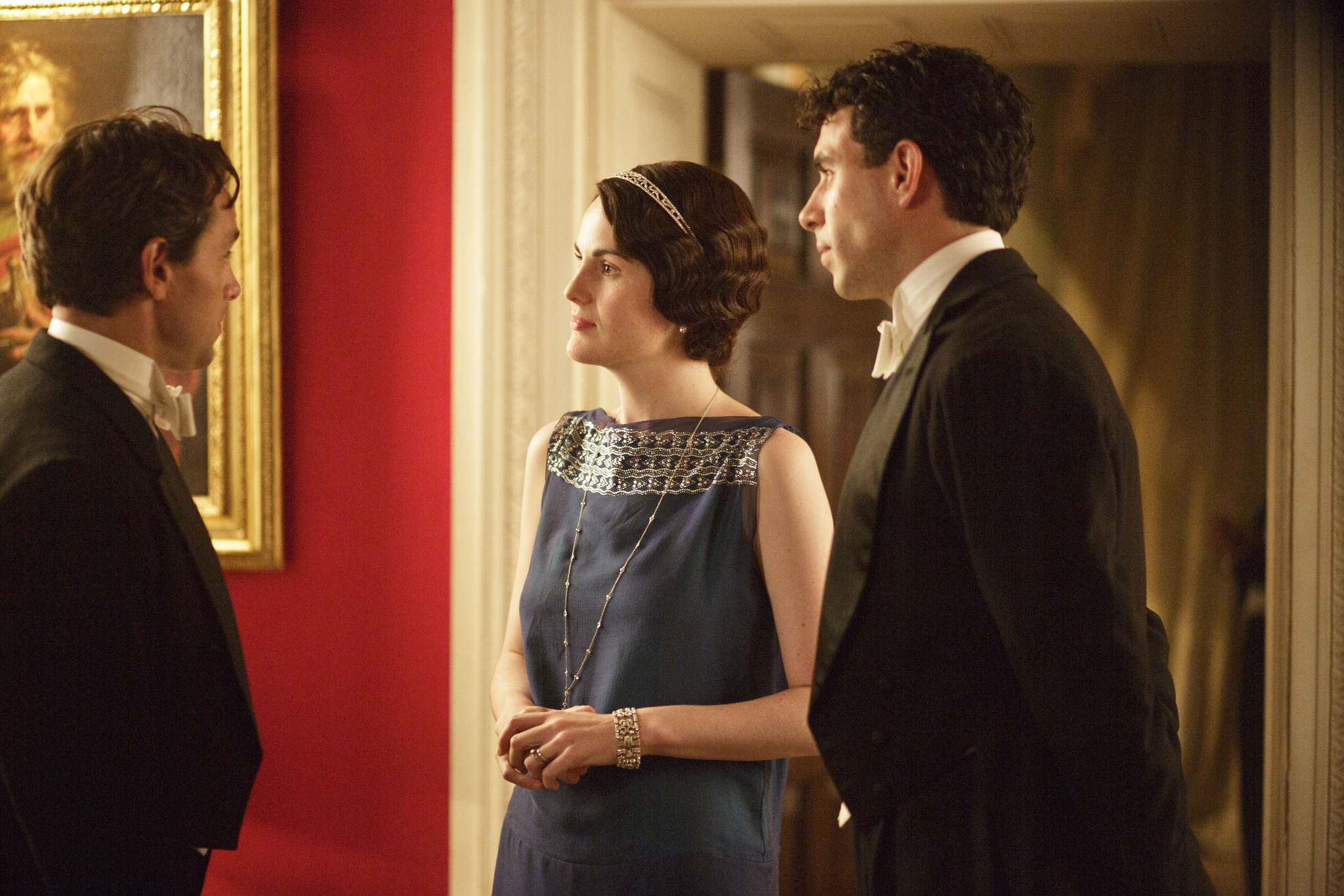 Still of Julian Ovenden, Michelle Dockery and Tom Cullen in Downton Abbey (2010)