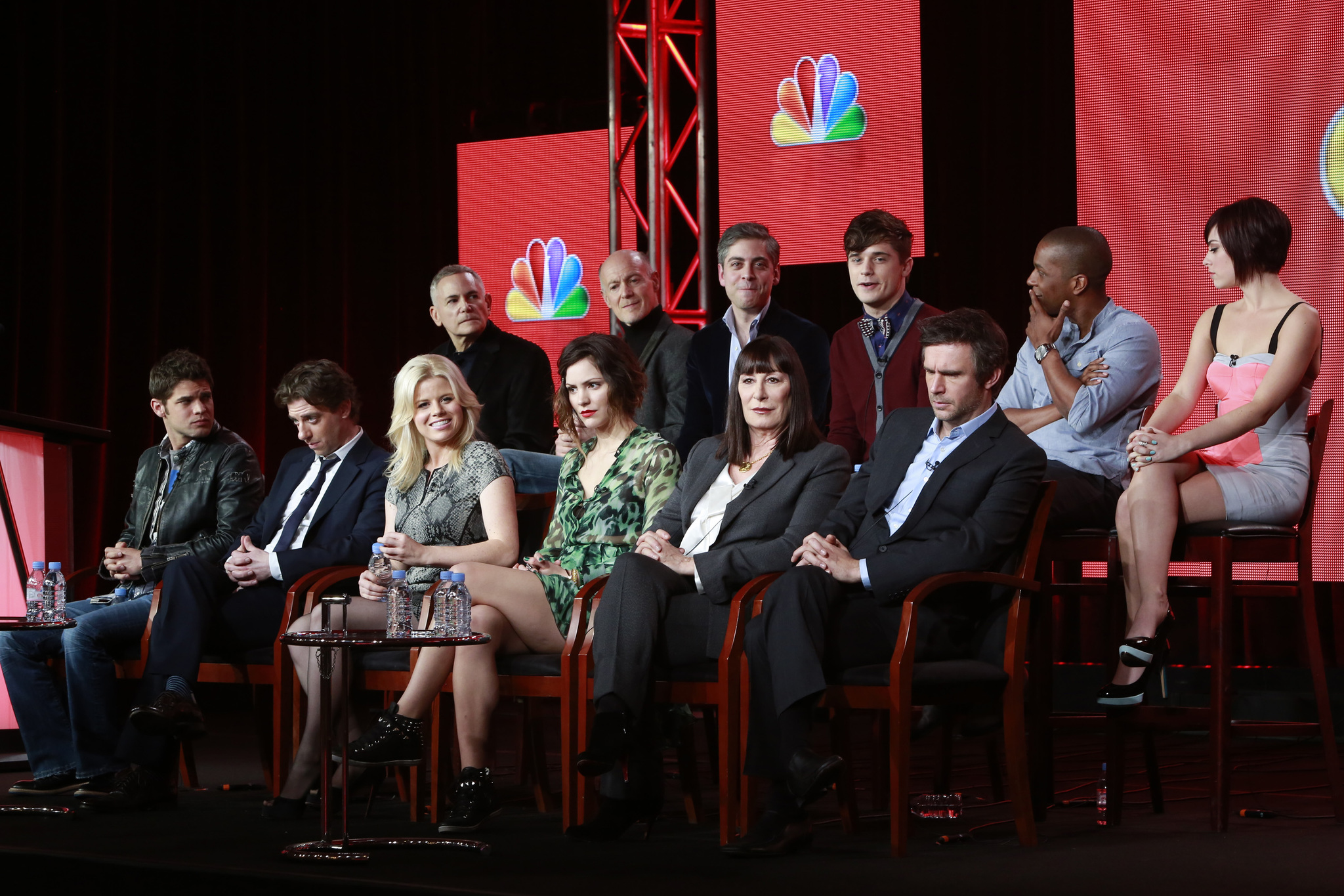 Anjelica Huston, Jack Davenport, Neil Meron, Craig Zadan, Christian Borle, Leslie Odom Jr., Katharine McPhee, Megan Hilty, Krysta Rodriguez and Andy Mientus at event of Smash (2012)