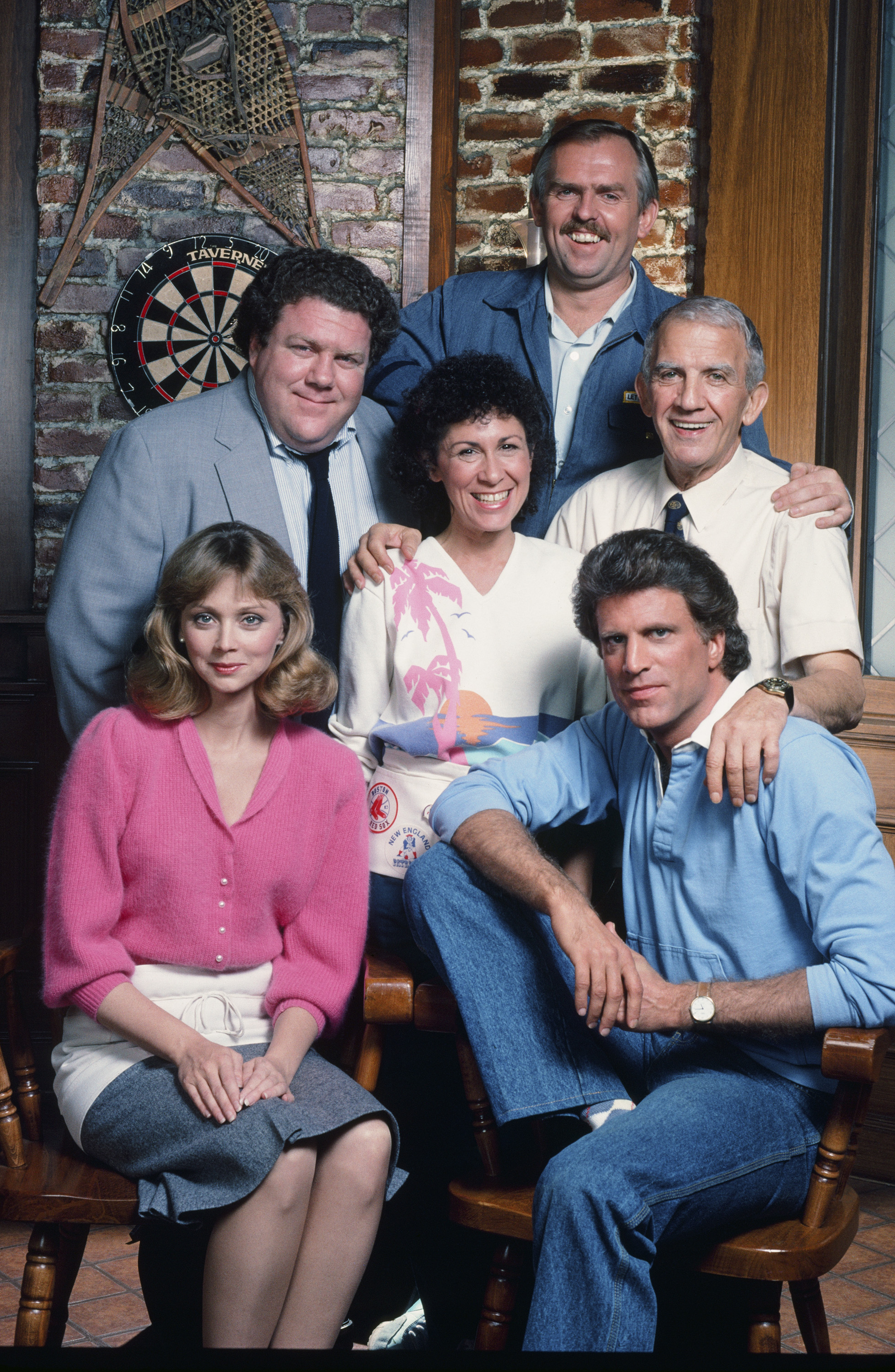 Still of Ted Danson, Shelley Long, John Ratzenberger, George Wendt, Nicholas Colasanto and Rhea Perlman in Cheers (1982)