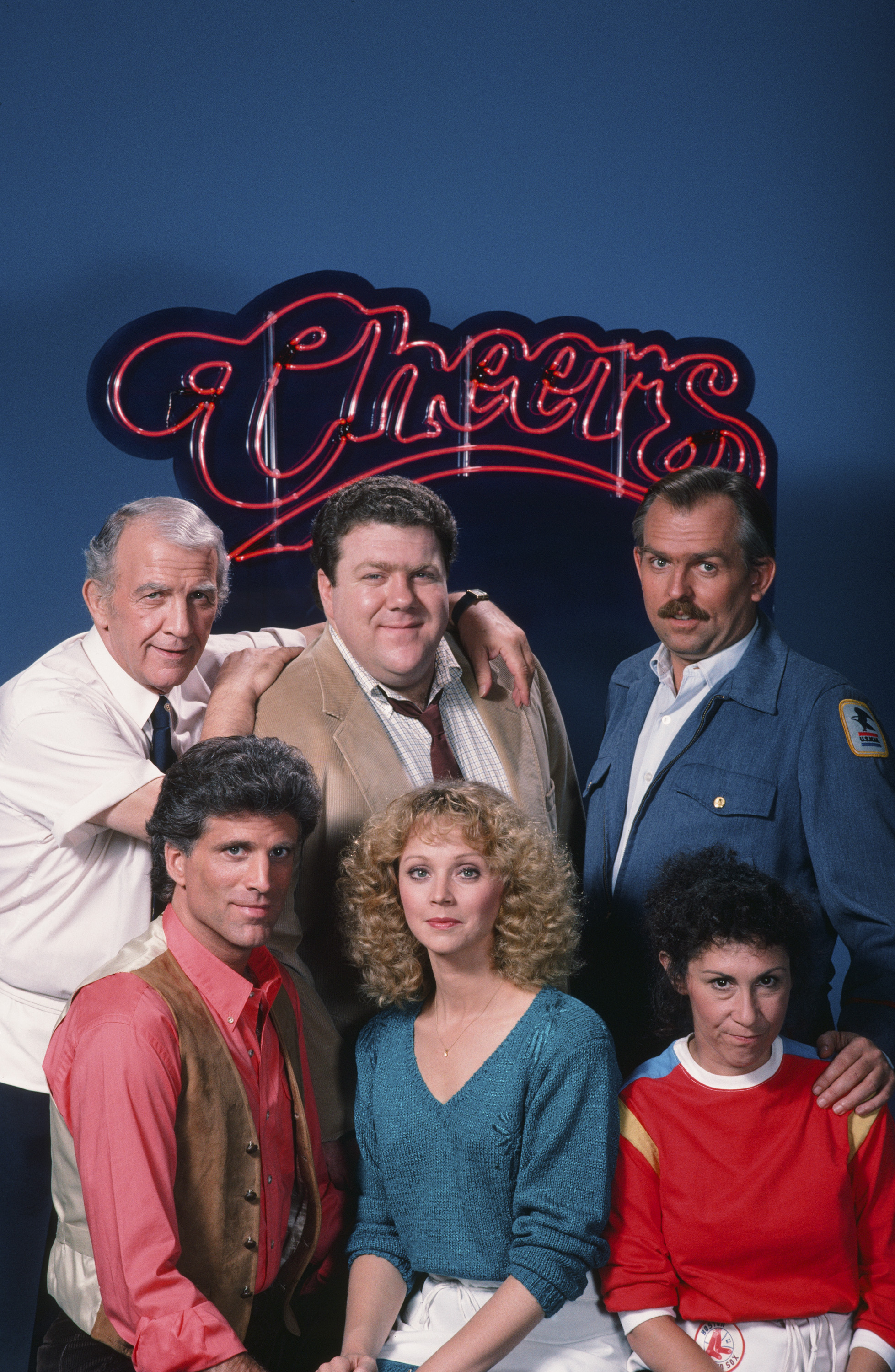 Still of Ted Danson, Shelley Long, John Ratzenberger, George Wendt, Nicholas Colasanto and Rhea Perlman in Cheers (1982)