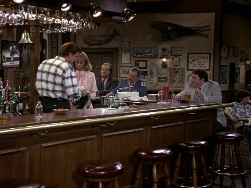 Still of Ted Danson, Kelsey Grammer, Shelley Long, John Ratzenberger and George Wendt in Cheers (1982)