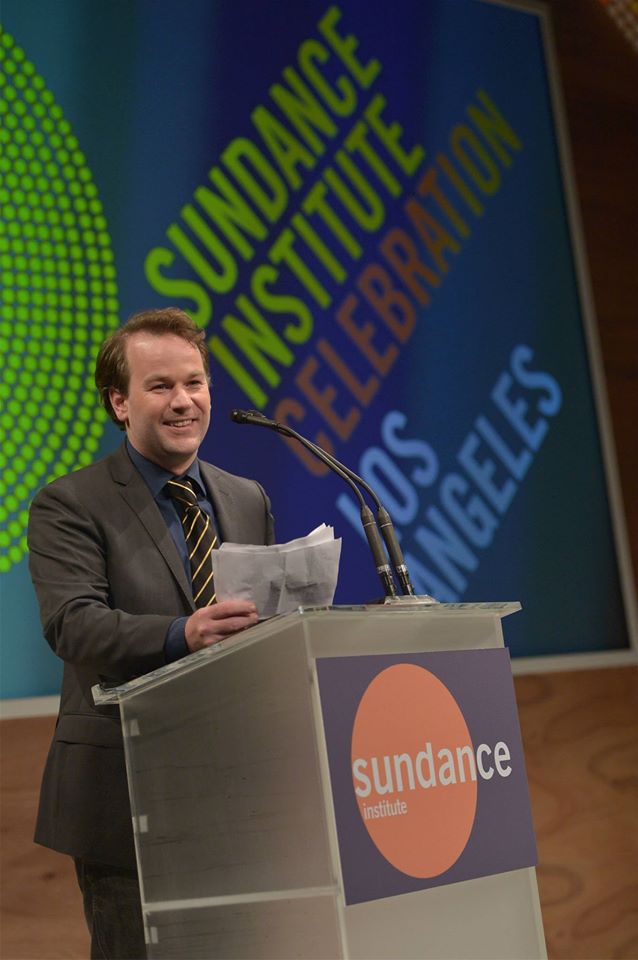 Comedian Mike Birbiglia presents the Vanguard Award onstage to Marielle Heller at the 2015 Sundance Institute Celebration Benefit on June 2, 2015.