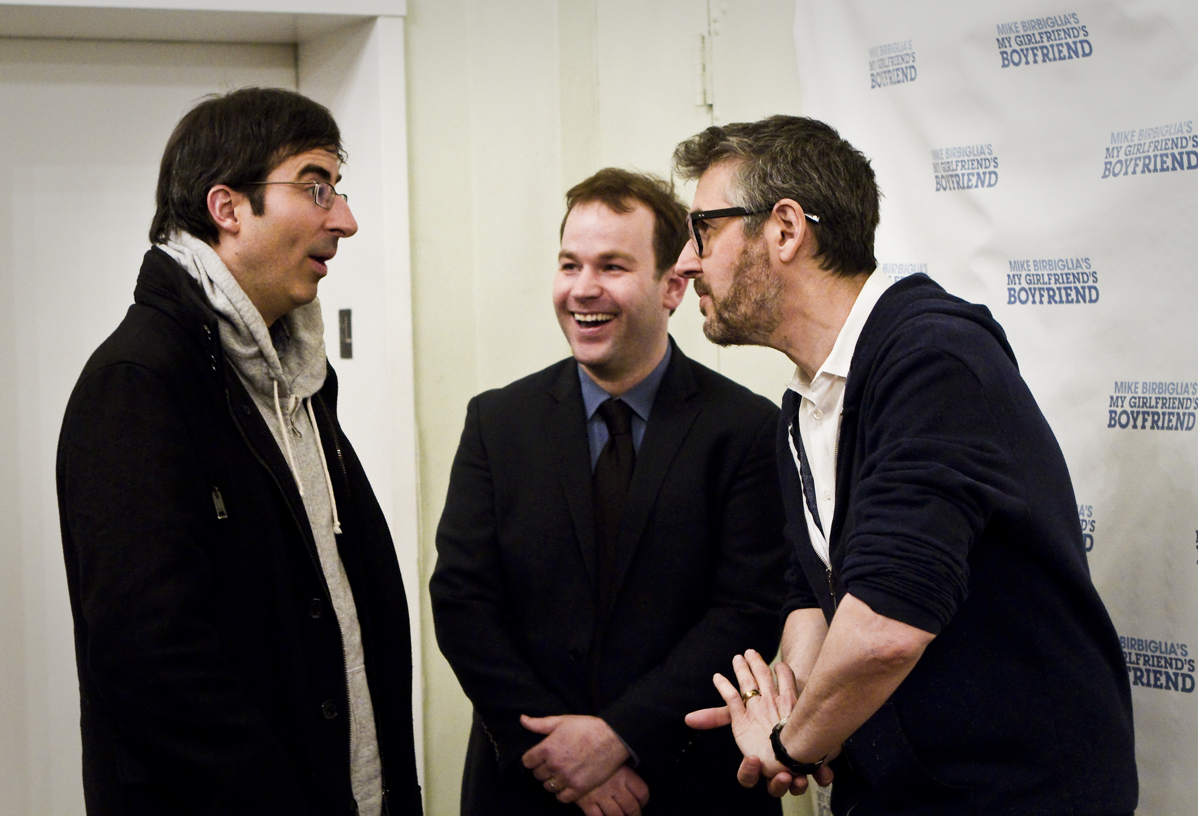 John Oliver, Mike Birbiglia, and Ira Glass at the premier of Mike Birbiglia's My Girlfriend's Boyfriend in New York City.